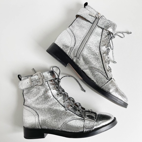 Schutz Metallic Silver Crushed Leather Magda Combat Boots Size 7 - Picture 2 of 10